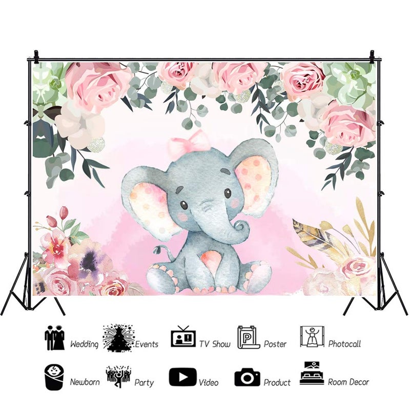 AOFOTO 5x3ft Pink Flowers Elephant Baby Shower Backdrop for Girl Sweet Floral Gender Reveal Background for Photography Kids Infant Birthday Party Banner Cake Table Decoration Photo Studio Props Vinyl - Image 3